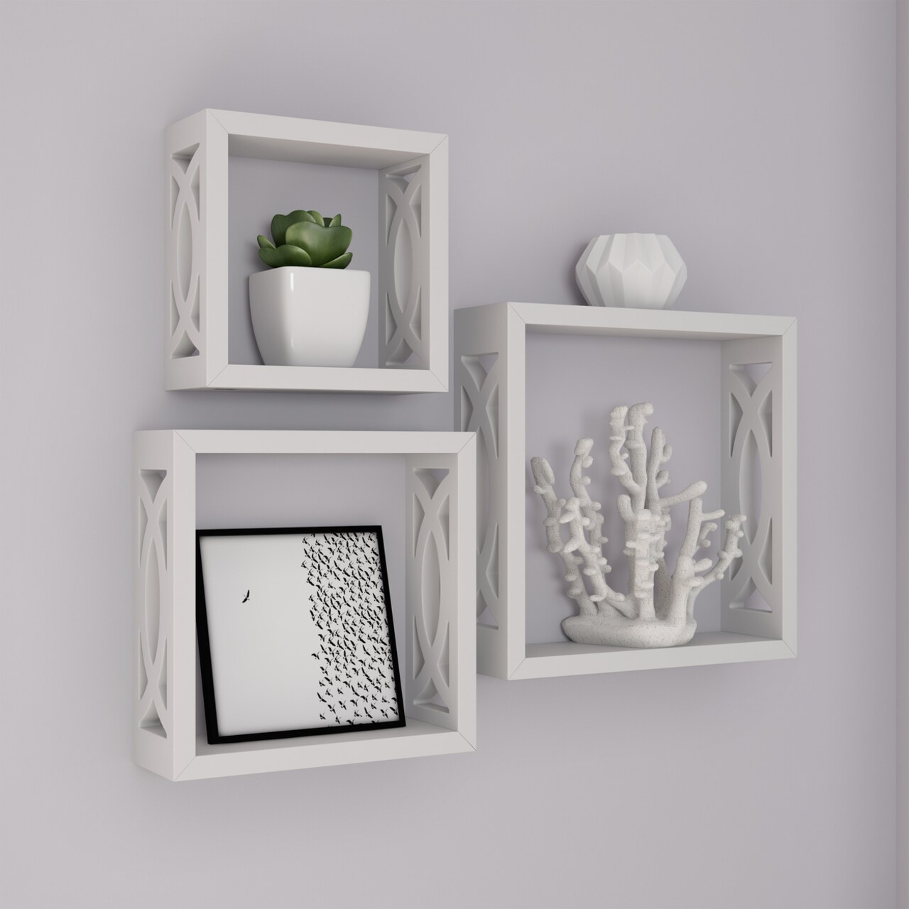Set Of 3 Floating Wall Cube Shelves White Mdf Geometric Design